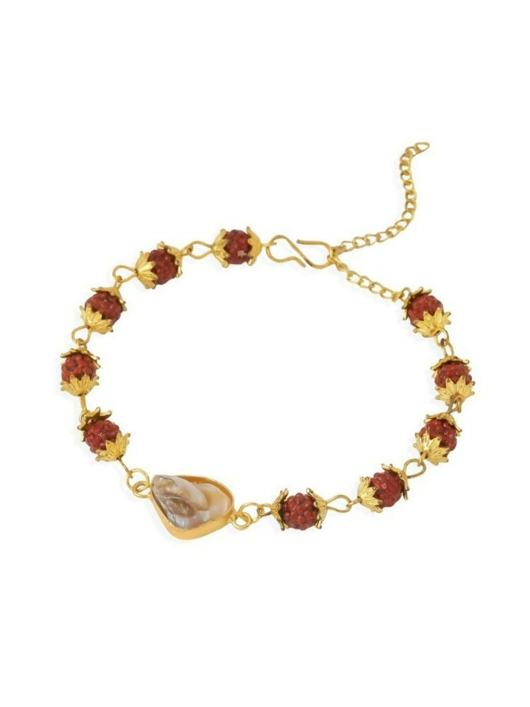 NVR Women's Gold Toned Rudraksh & Pearls Bracelet