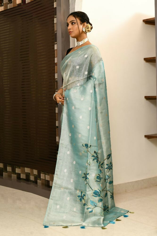 Joban Fashion Firozi Saree Tissue Zari Buti Anchal Applick With Contrast Blouse