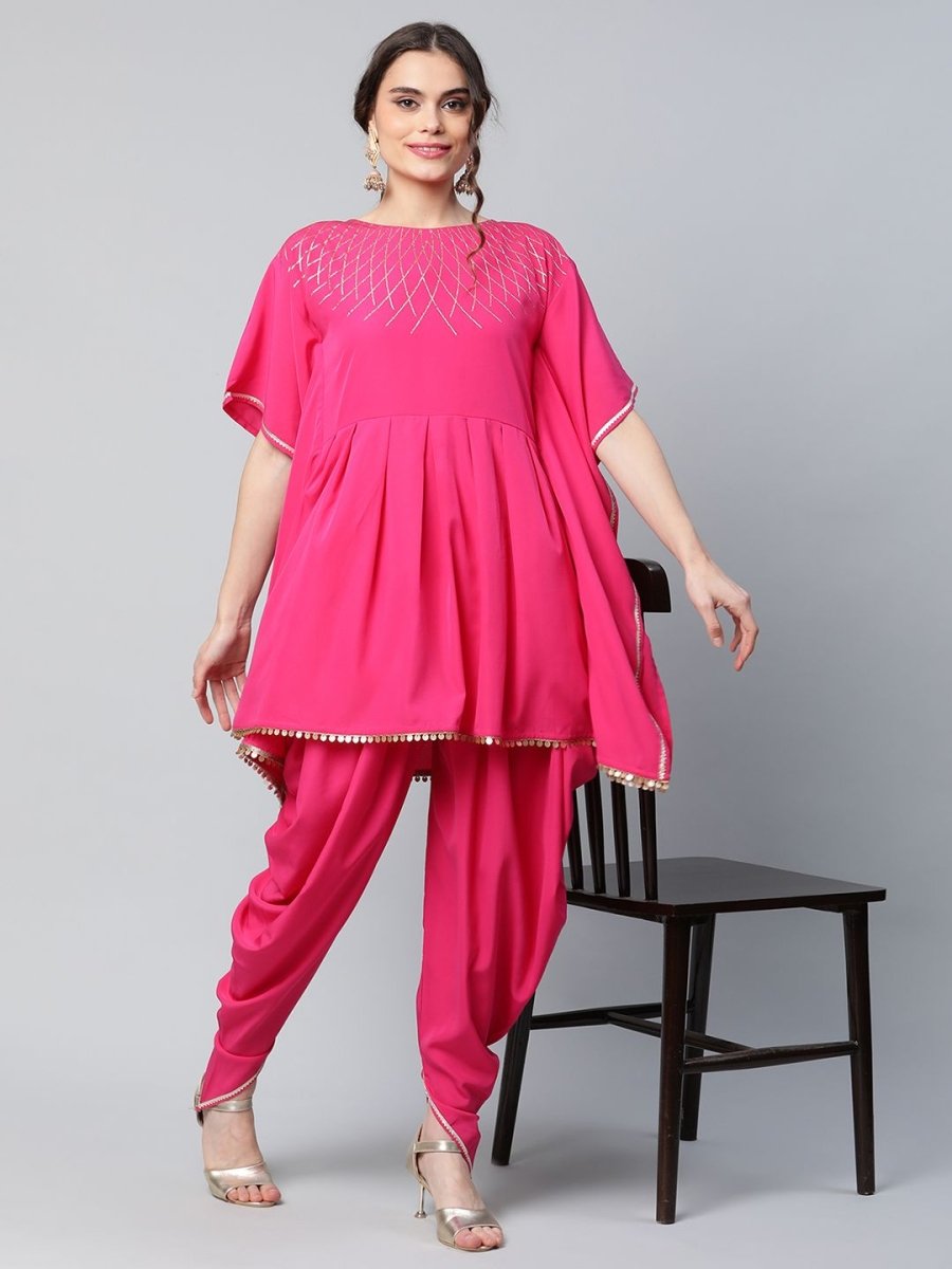Ahalyaa Women Pink Crepe Glitter Printed Kurta with Dhoti Pants