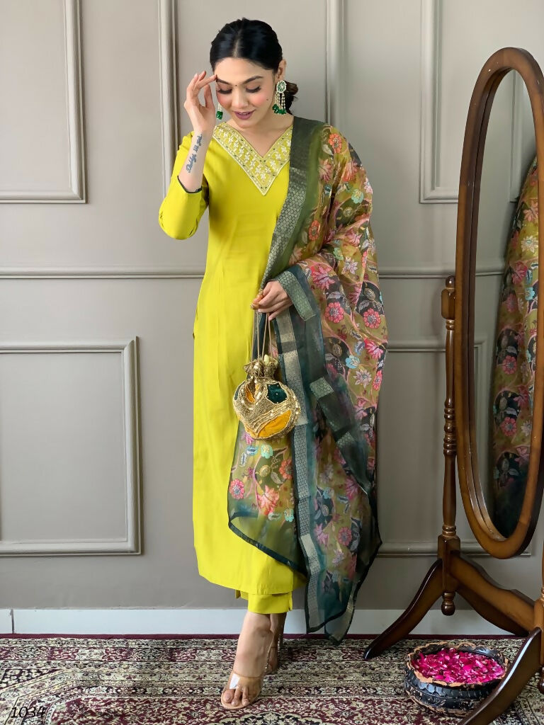 Partywear Designer Lemon Yellow Viscos Chanderi Stitched Suit With Dupatta - Tanisha