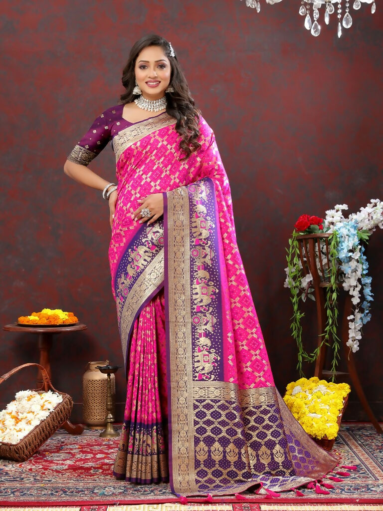 Vastranavya Pink Soft Patola Silk With Meenakari Weaving Motifs And Rich Zari Weaving Pallu Saree With Matching Blouse Fabric