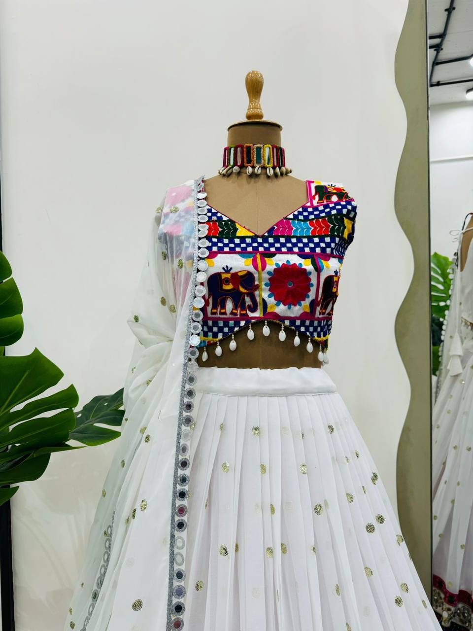 Prazu Fashion White Georgette Sequence With Chainstich Navaratri Lehenga
