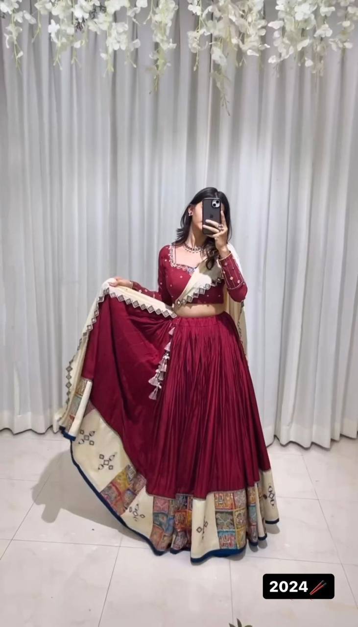 Prazu Fashion Wine Rayon Printed With Mirror Work Navaratri Lehenga