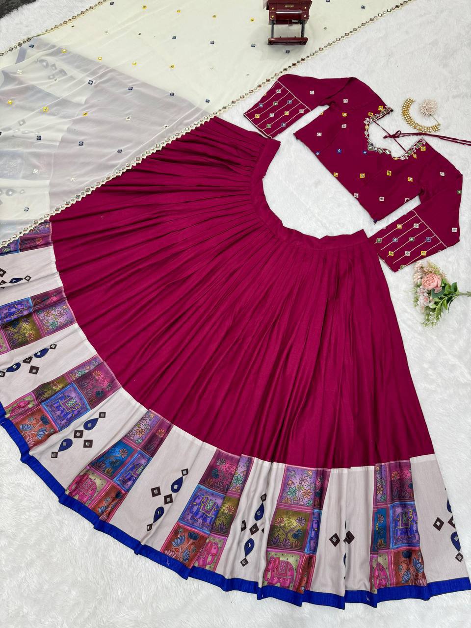 Prazu Fashion Wine Rayon Printed With Mirror Work Navaratri Lehenga