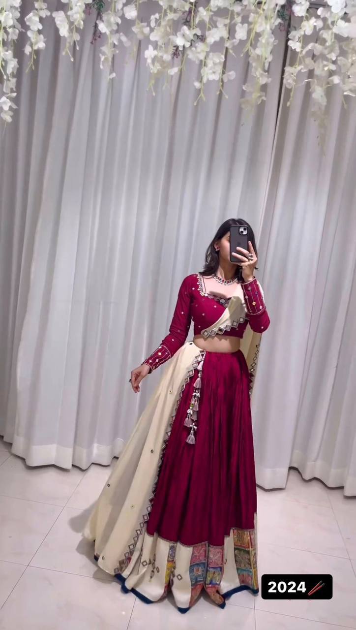 Prazu Fashion Wine Rayon Printed With Mirror Work Navaratri Lehenga