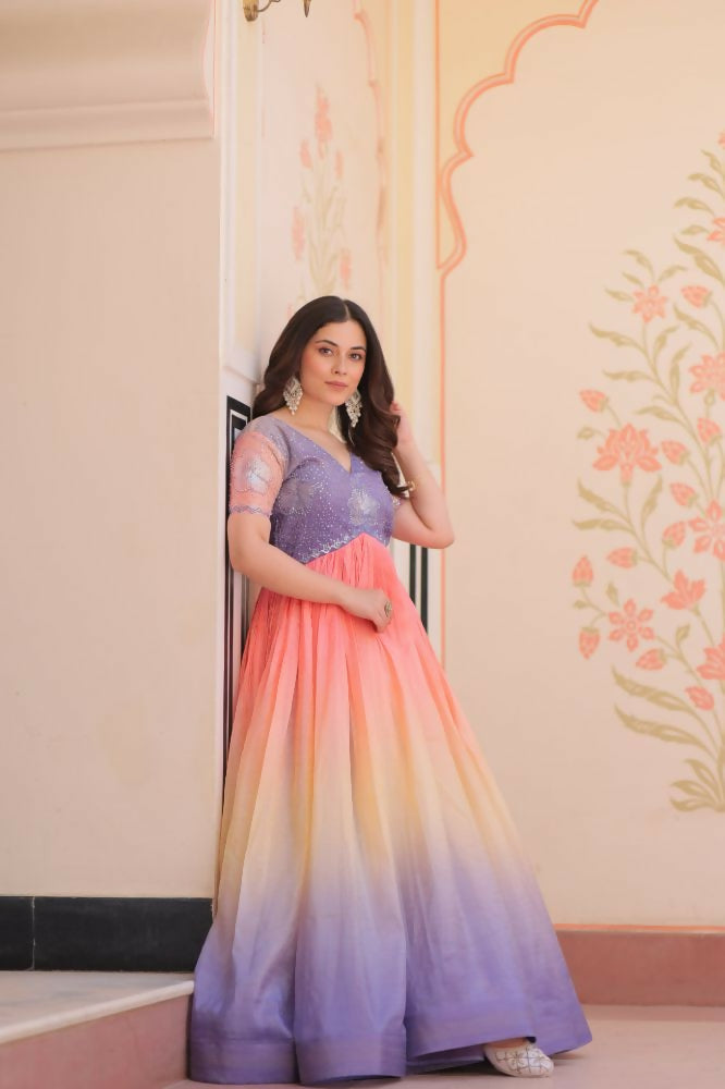 Vastranavya Purple Gold Crush Padding With Beads Embroidered Work Gown