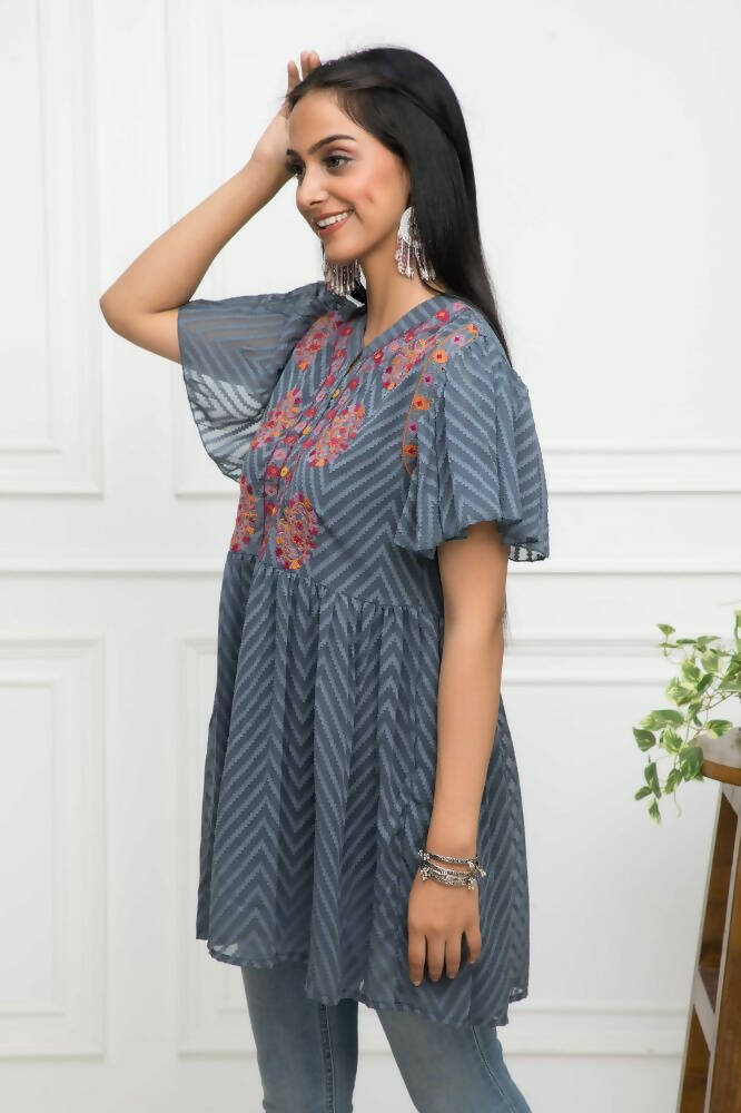 Myshka Women Solid V-Neck Flared Sleeves Synthetic Georgette Grey Top
