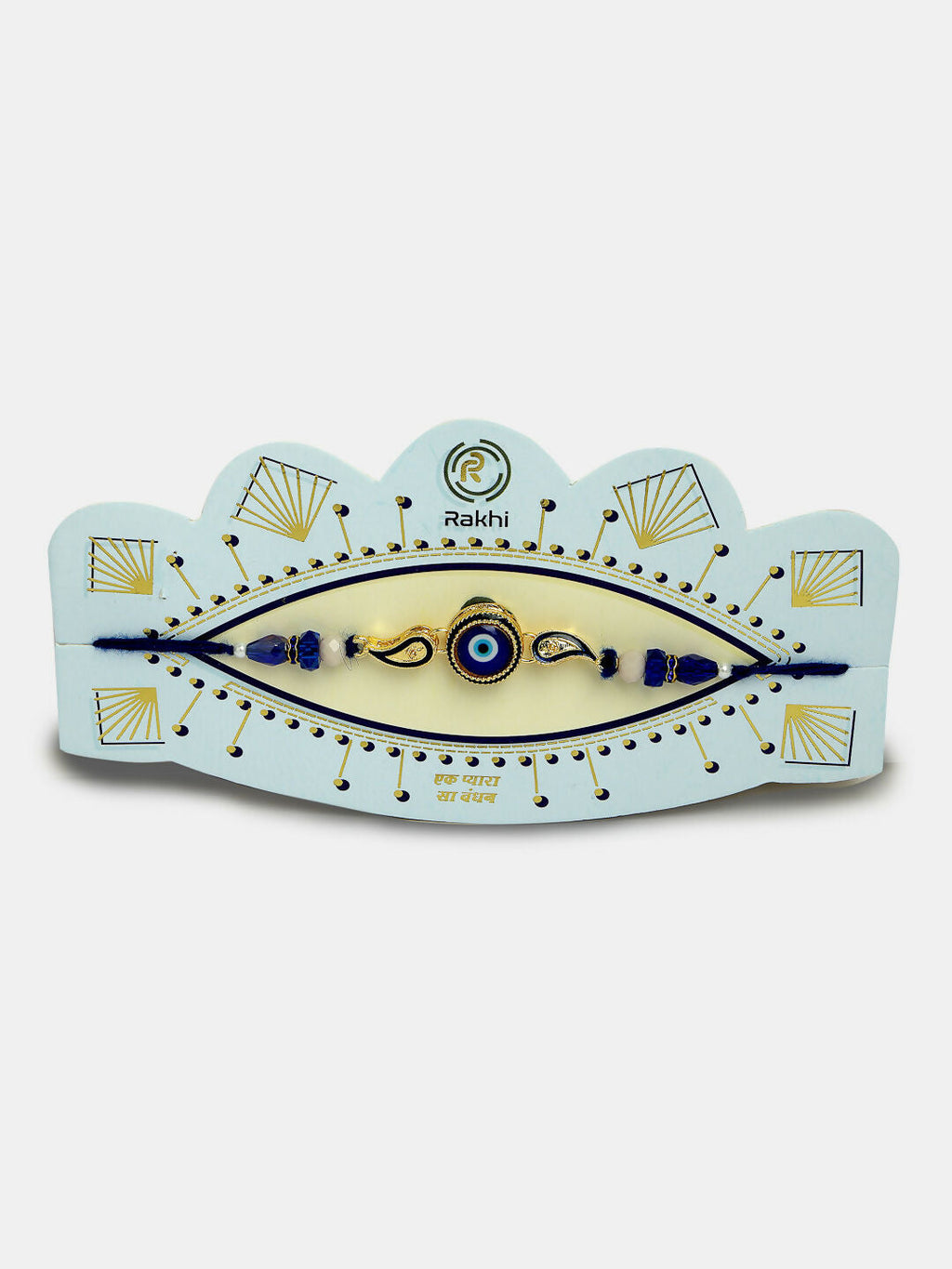 NVR Women & Men Set of 2 Blue Evil Eye Beaded Bhaiya Bhabhi Rakhi With Roli Chawal & Chocolate