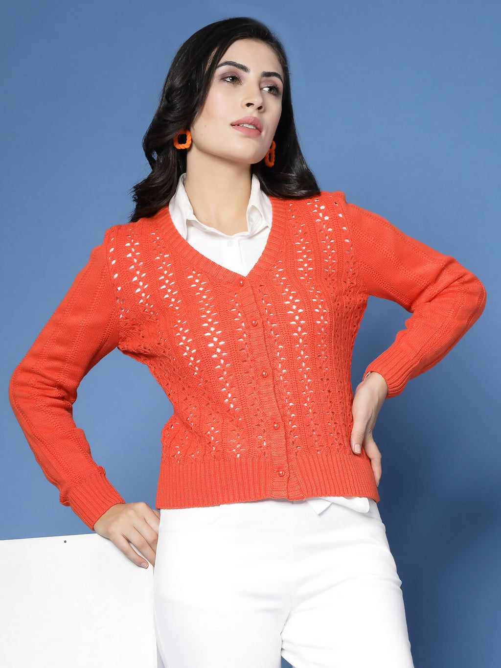 Women Pointelle Rust Acrylic Winter Cardigan - Wool Trees