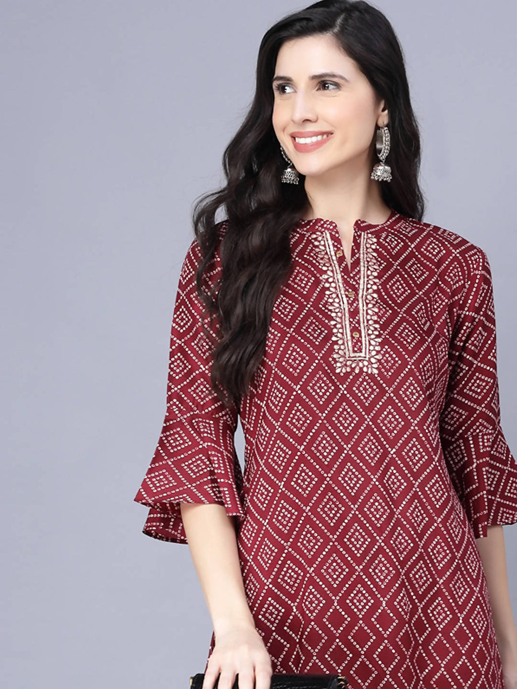 Myshka Silk Printed 3/4 Sleeve Round Maroon Women Kurta