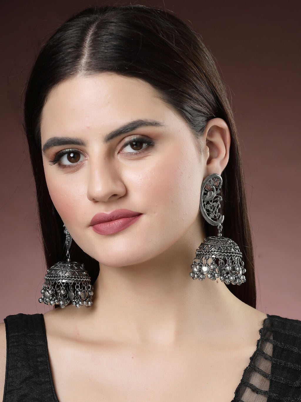 NVR Women's Silver-Plated Oxidised Dome Shaped Jhumka Earrings