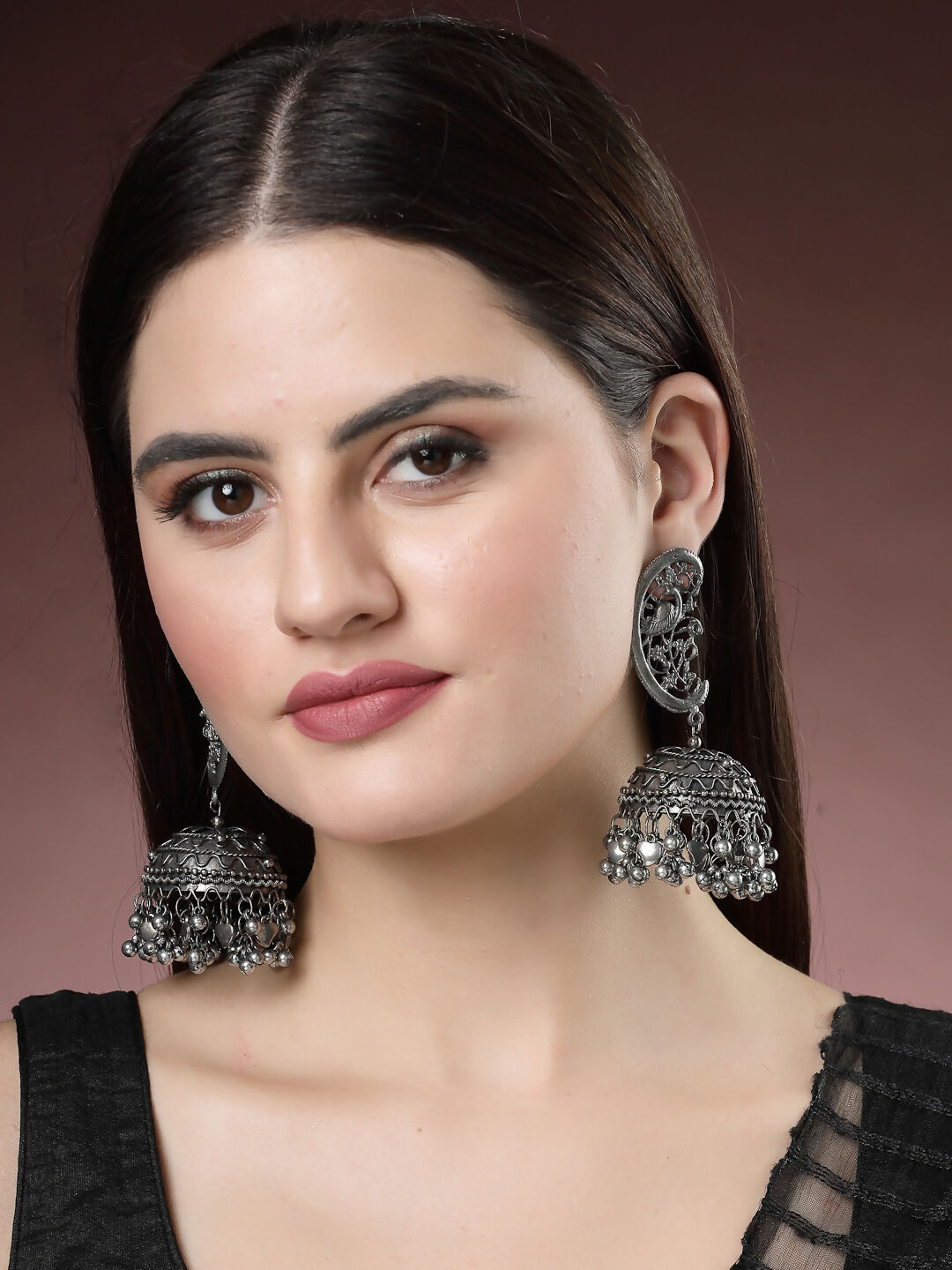 NVR Women's Silver-Plated Oxidised Dome Shaped Jhumka Earrings