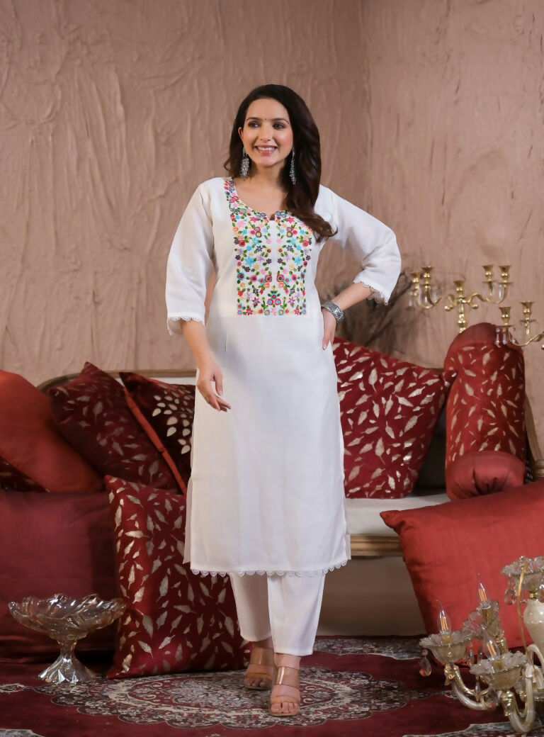 Ethnic Festive Wear Chanderi with Cotton Lining White Stitched Suit With Dupatta - Tanisha