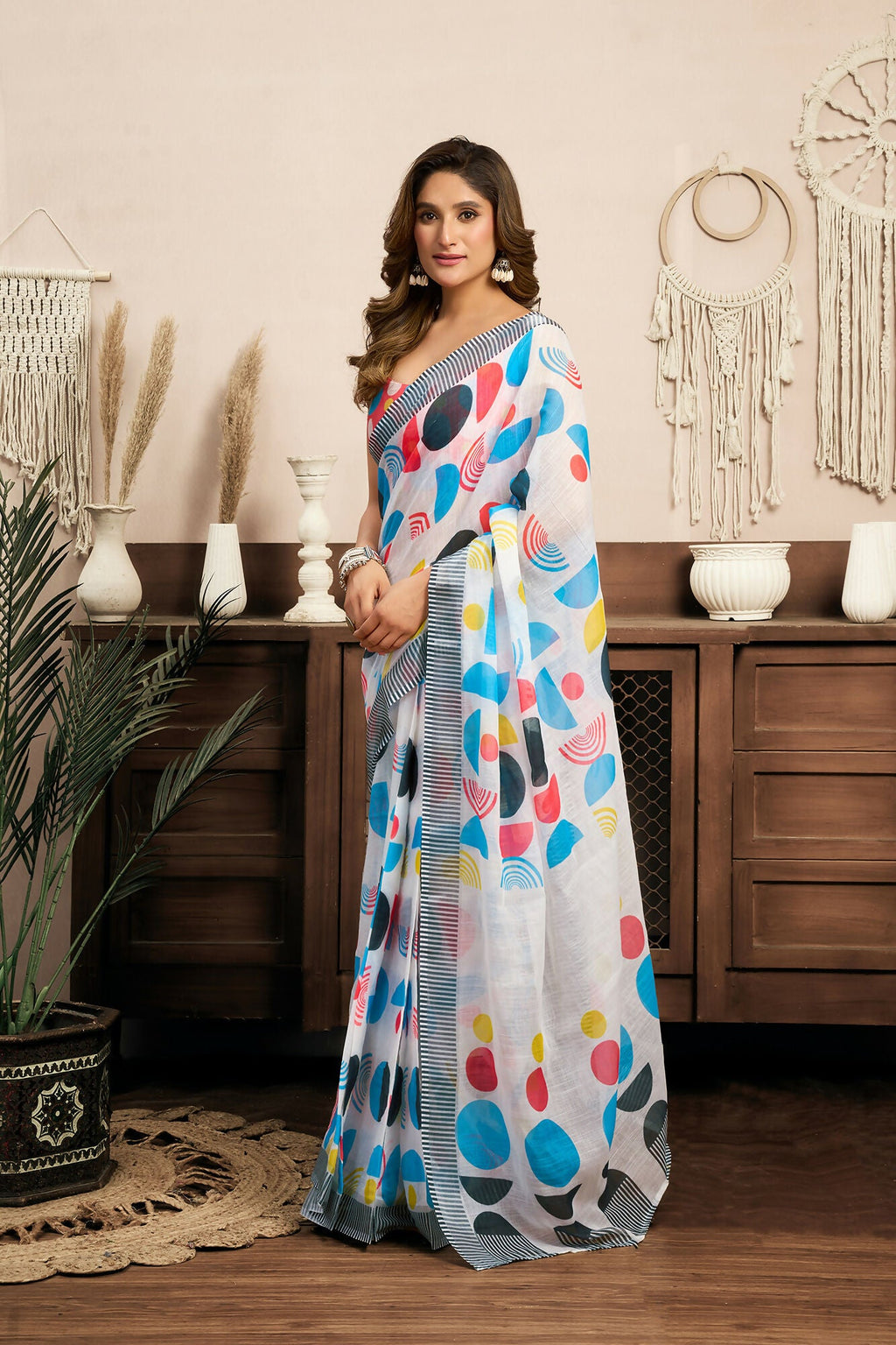 Vastranavya Multicolor Digital Printed Linen Ready To Wear Designer Saree with Unstitched Blouse