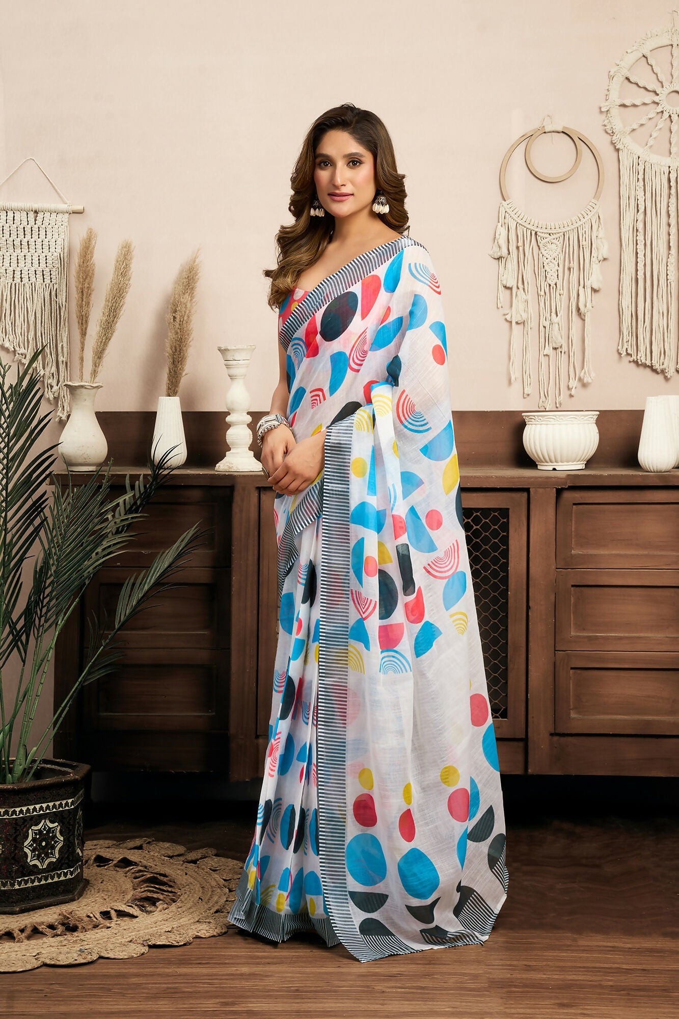 Vastranavya Multicolor Digital Printed Linen Ready To Wear Designer Saree with Unstitched Blouse
