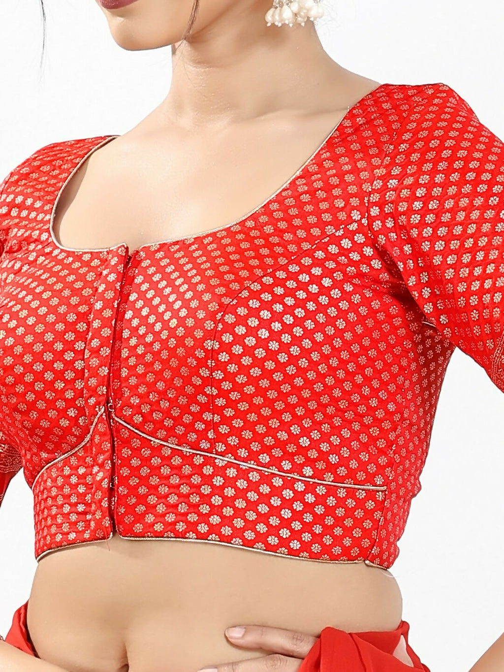 Joban Fashion Red Brocade Padded Blouse With Round Neck Elbow Sleeves