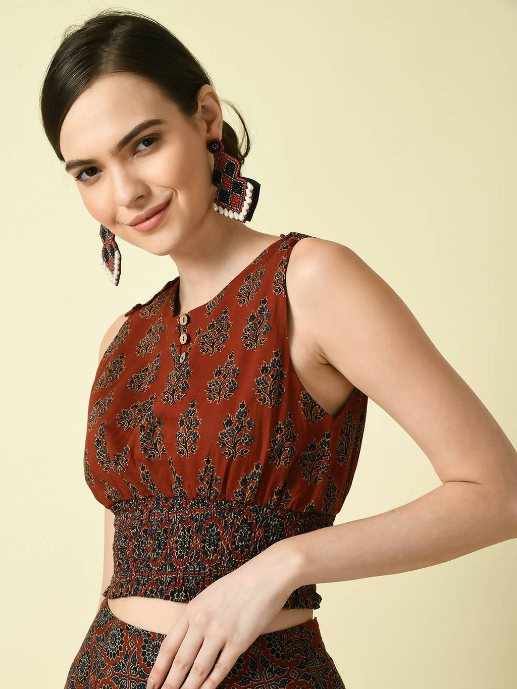 Myshka Women's Rust Round Neck Top With Skirt