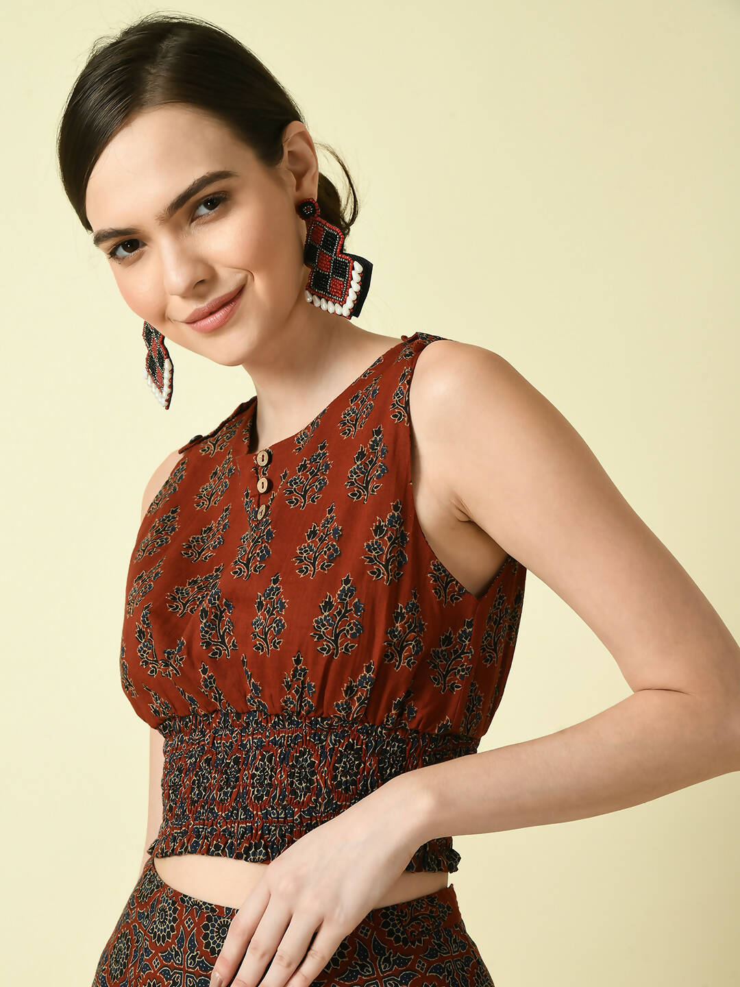 Myshka Women's Rust Round Neck Top With Skirt