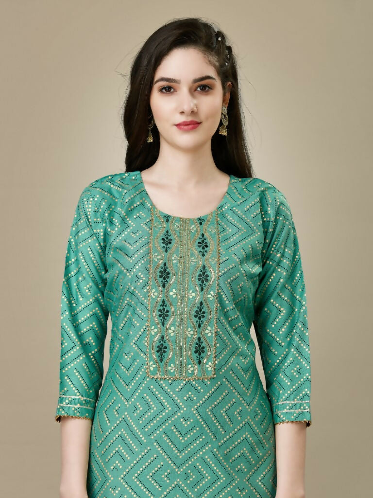 Jyoti Fashion Women's Pista Green Rayon Embroidered Kurta Pant Set