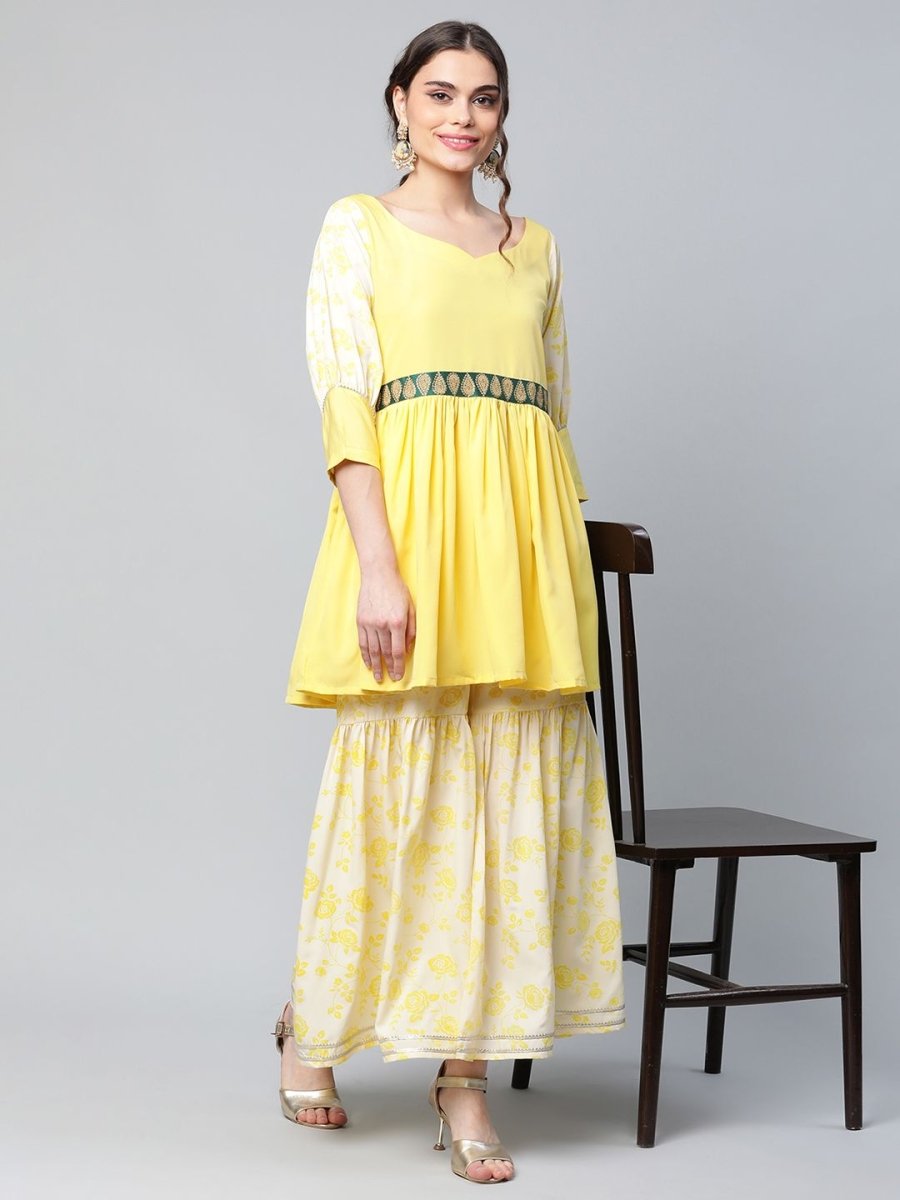 Ahalyaa Women Yellow Crepe Floral Short Kurta with Sharara Set