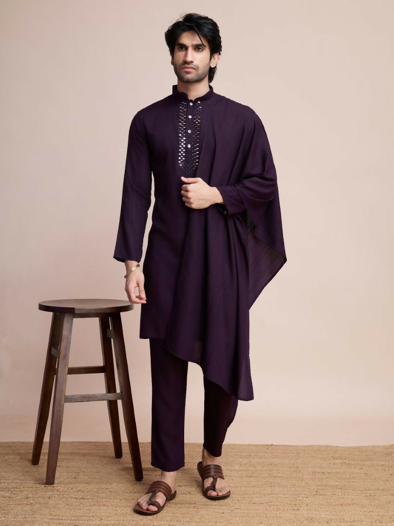 Vastranavya Traditional Festival Wear Viscose Thread & Sequence Embroidered Work Kurta Pant Set - Purple