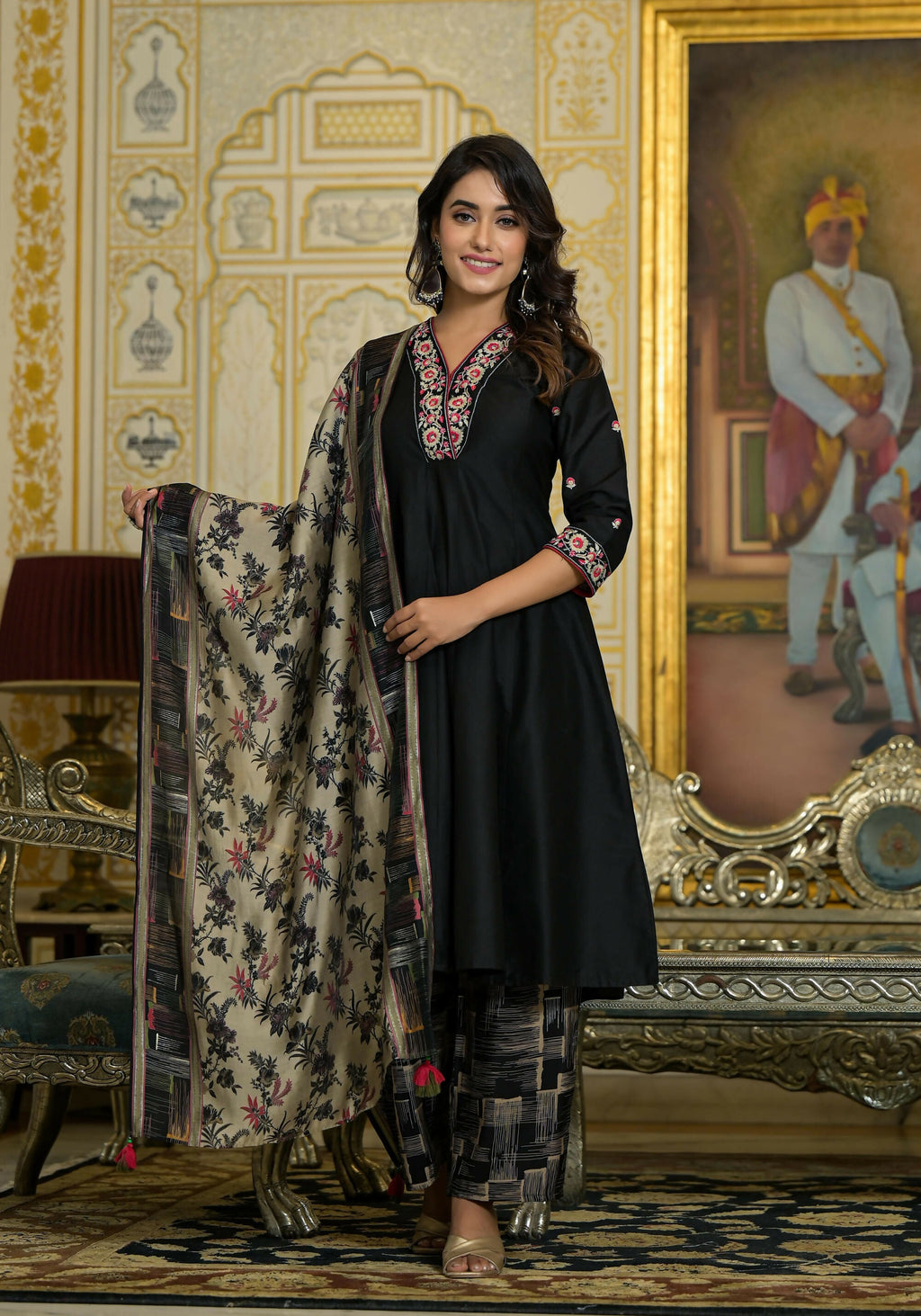 Juniper Women's Black Thread Embroidered Viscose Kurta Pant And Dupatta Set With Abstract Printed Pants