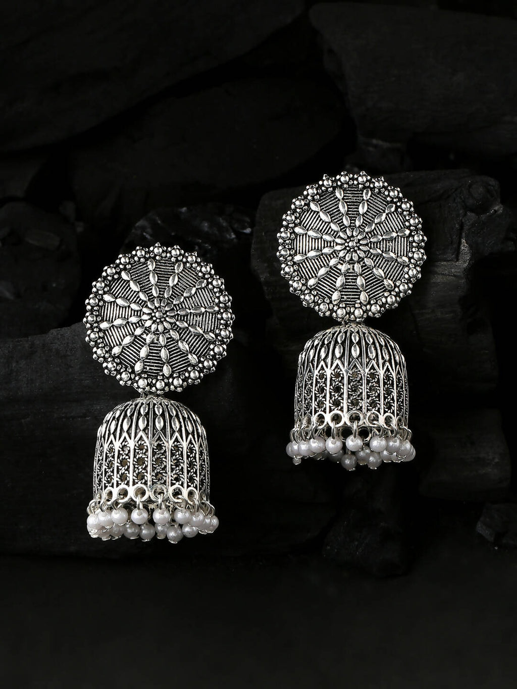 NVR Women Silver Toned Dome Shaped Jhumkas Earrings