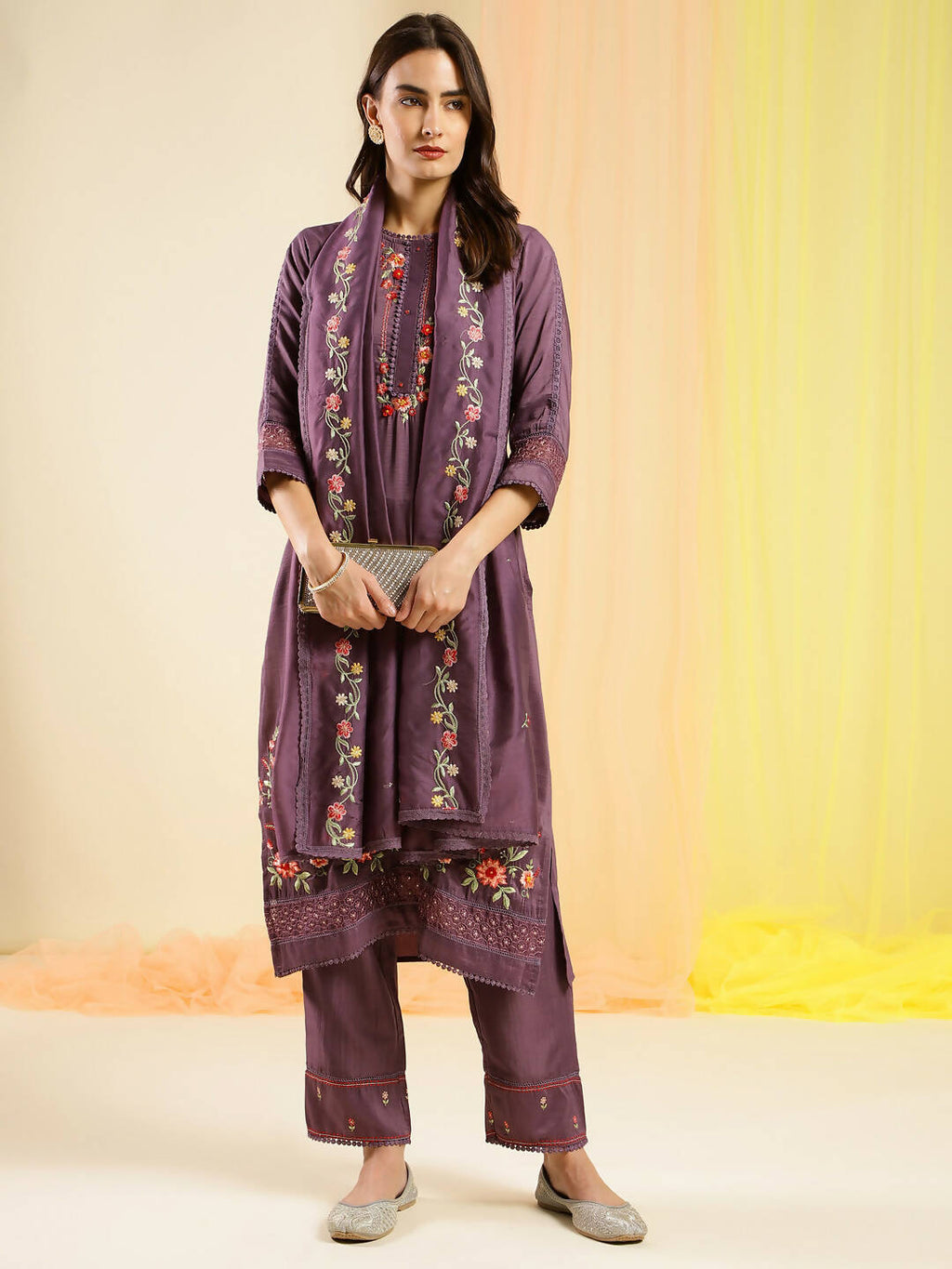 Purple Chinon Embroidered Straight Kurta with Trouser & Dupatta - Salimar