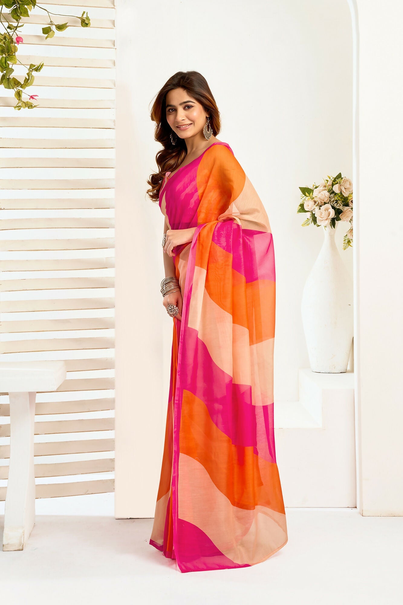 Vastranavya Multicolor Digital Printed Linen Ready To Wear Designer Saree with Unstitched Blouse