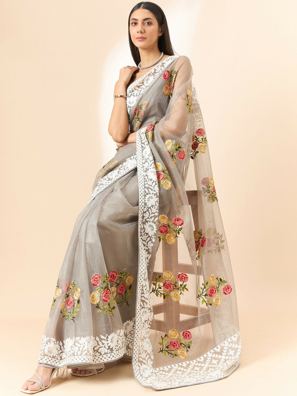 Grey Organza Floral Embroidered Saree with Unstitched Blouse Piece - Roozal