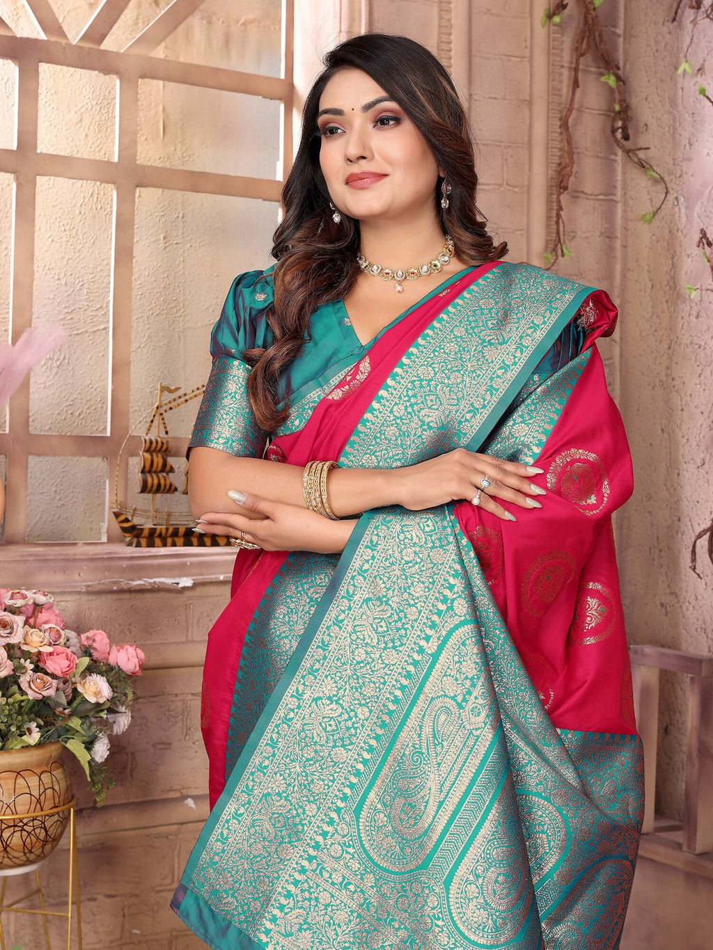 Joban Fashion Hot Pink Banarasi Soft Silk Woven Saree