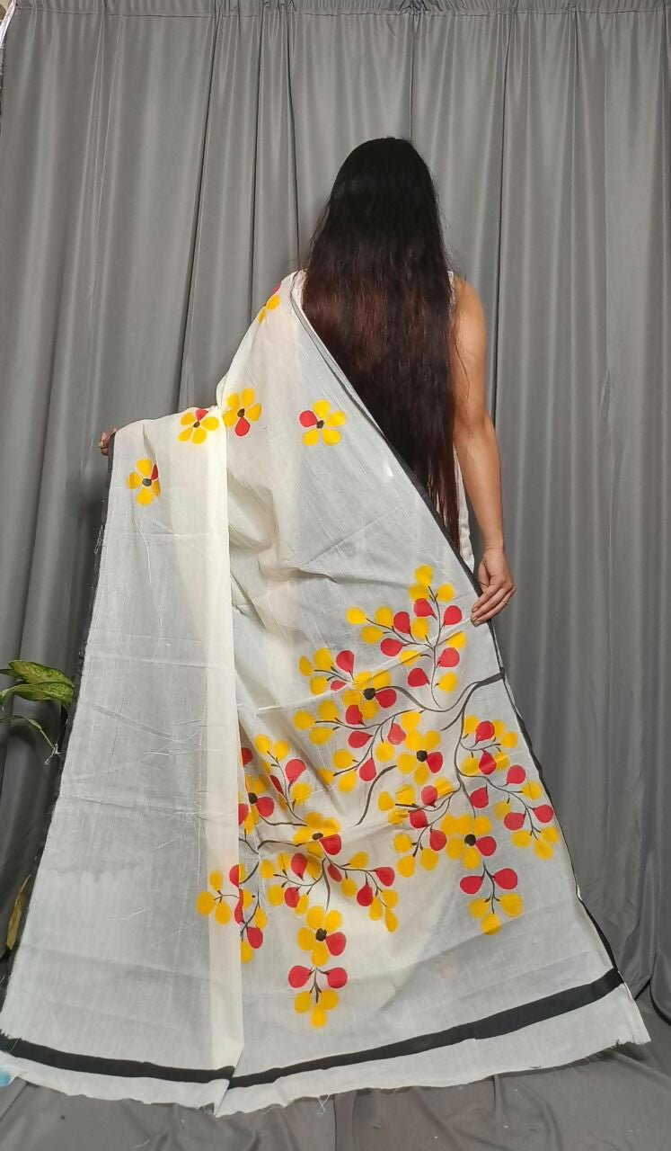 Exclusive Collection Beautiful White Yellow Pure Cotton Hand Print Handloom Saree With Running Blouse Piece