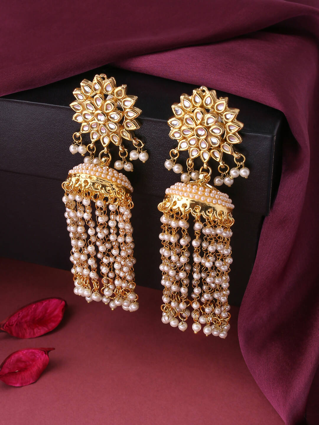 NVR Women Gold-Polished Contemporary Jhumkas Earrings