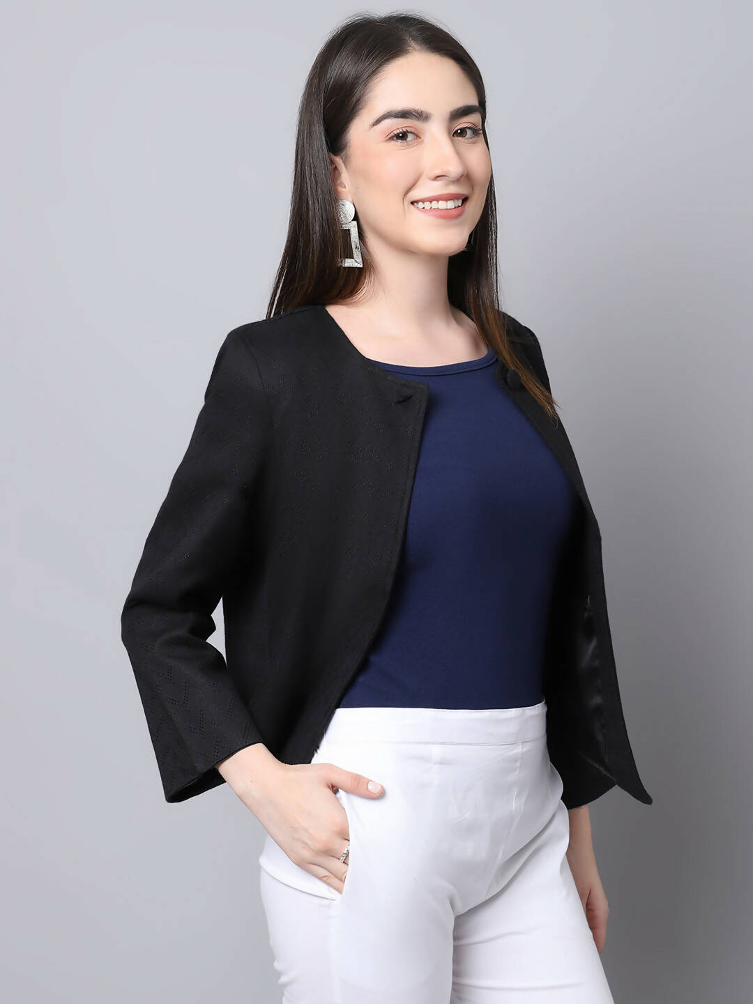 Even Apparels Black 100% Viscose Open Front Statement Women's Jacket