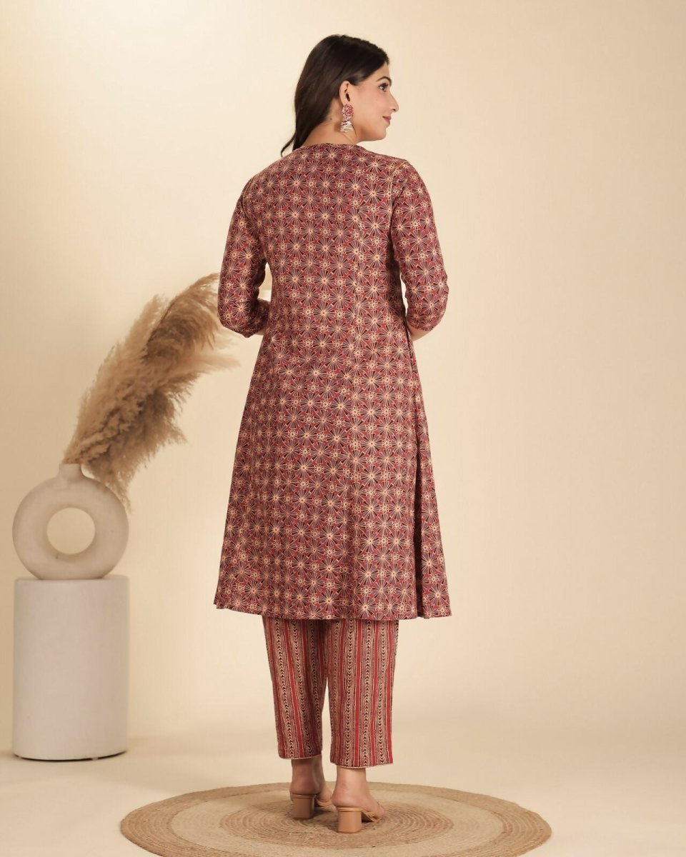 Aramya Red Soft Cotton Geometric Print Panelled Kurta Set for Women
