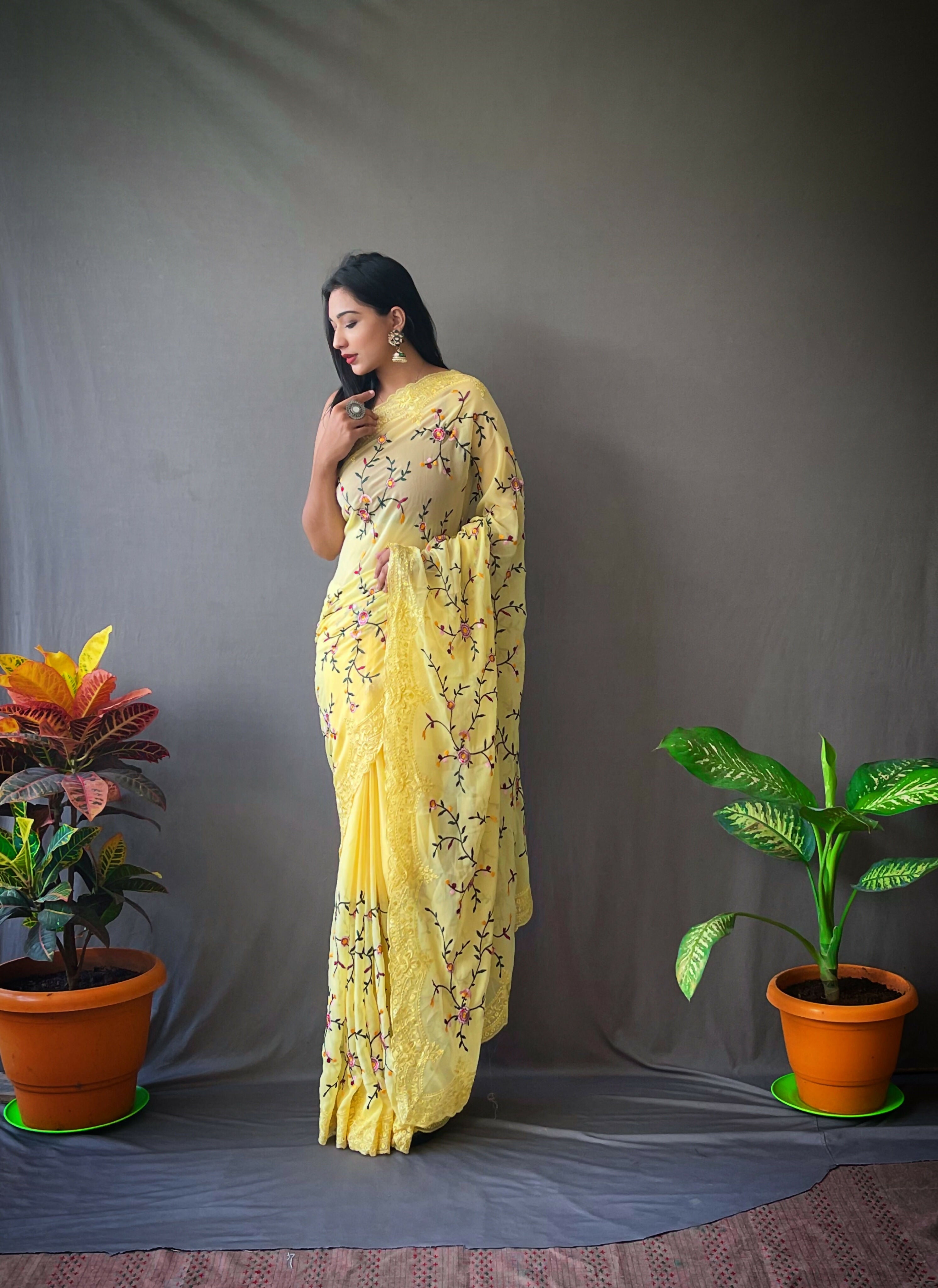 Vamsee Pearl 1 Yellow Georgette Saree