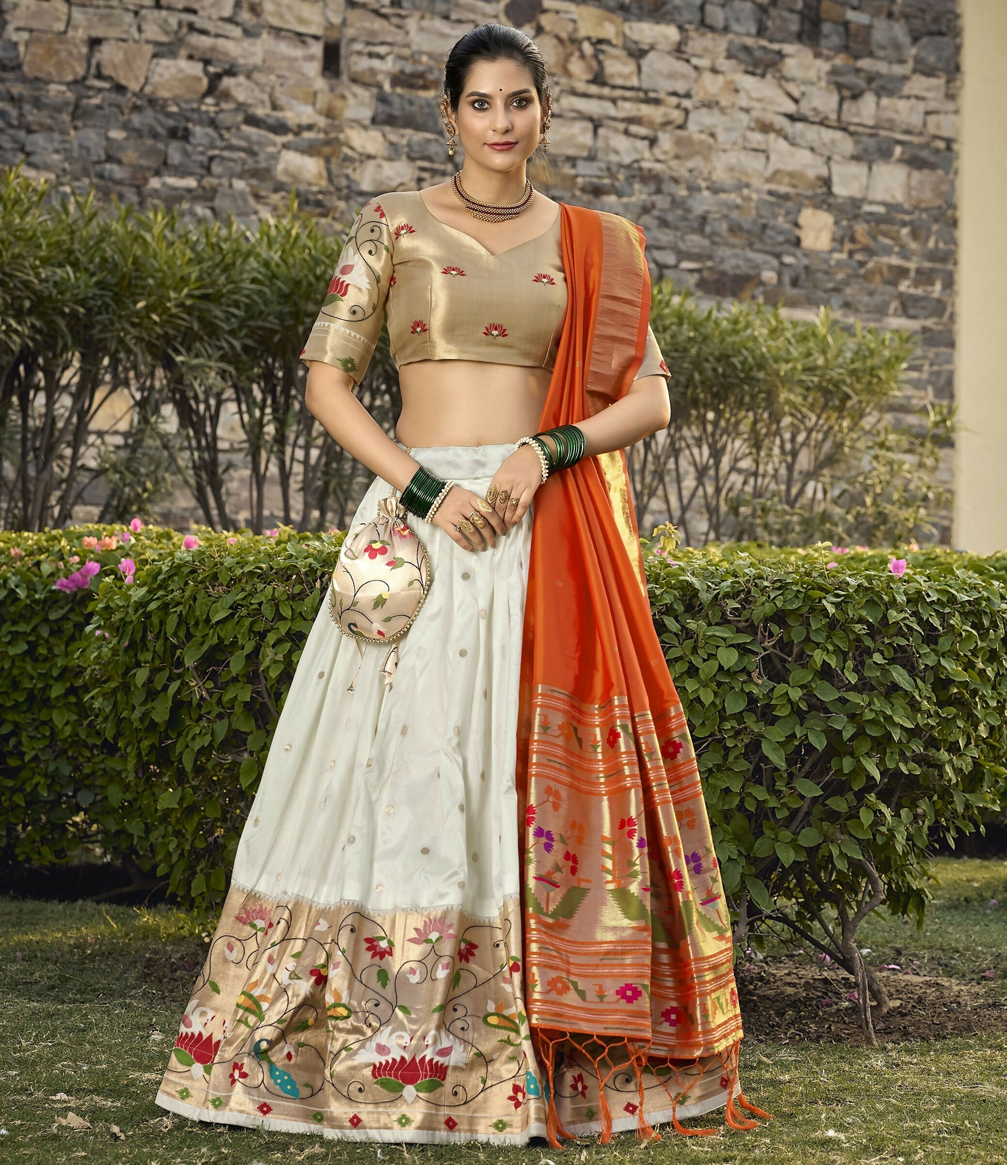Vastranavya Traditional Jacquard Silk Paithani Lehenga Choli - White