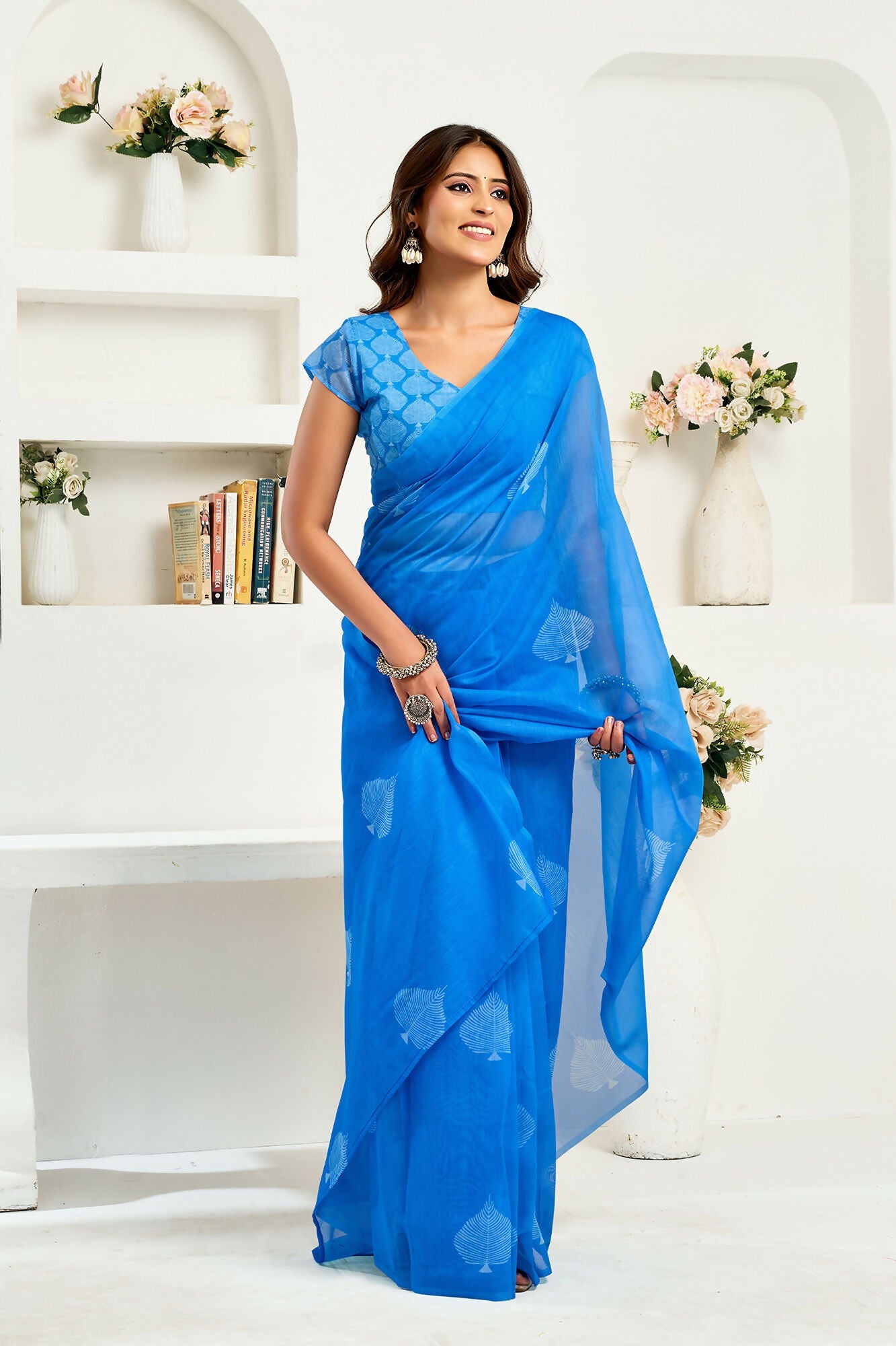 Vastranavya Blue Digital Printed Linen Ready To Wear Designer Saree with Unstitched Blouse