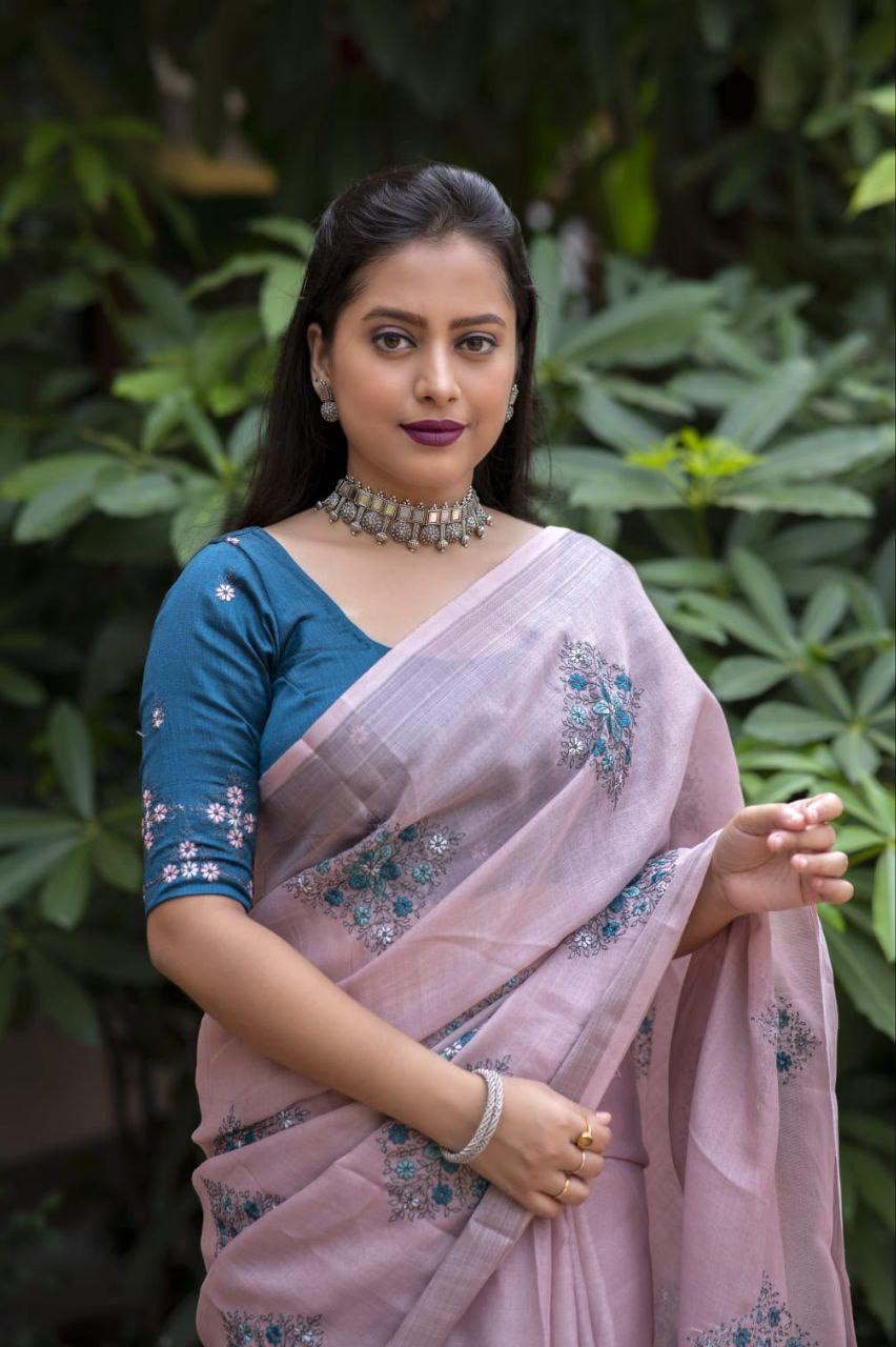 Mine Pure Linen Ethnic Motifs Saree with Unstitched Blouse - A2M