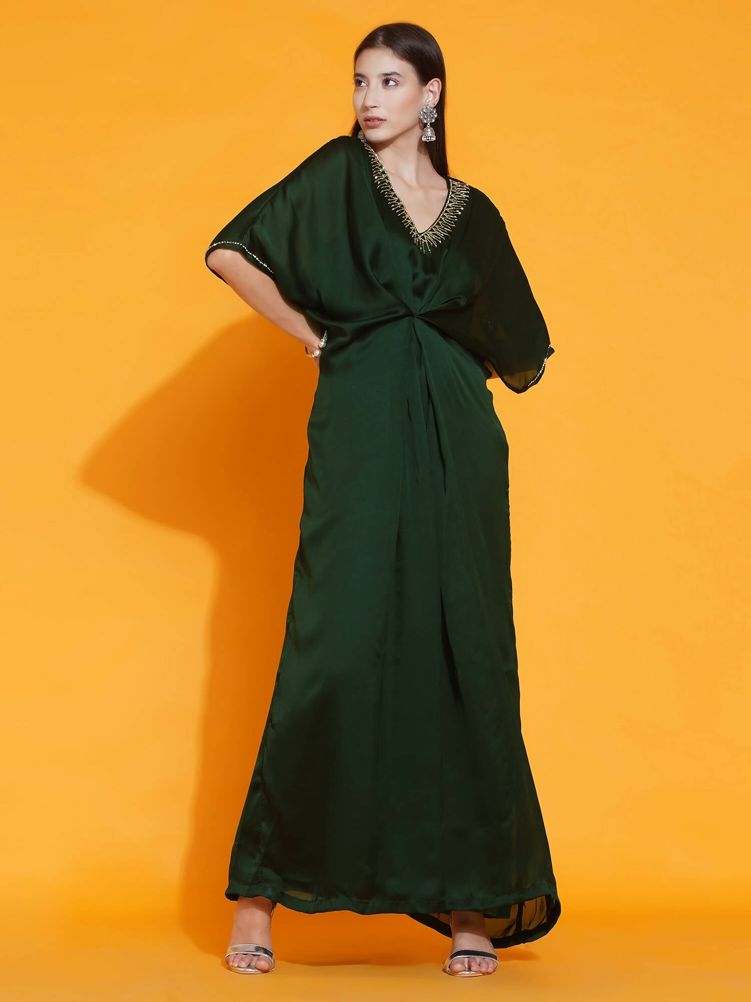 Women Republic Green Georgette Hand Embellished Kaftan Style Gown