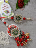 NVR Women & Men Set of 2 Red & Gold Toned Stone-Studded & Beaded Bhaiya Bhabhi Rakhi With Roli Chawal & Chocolate