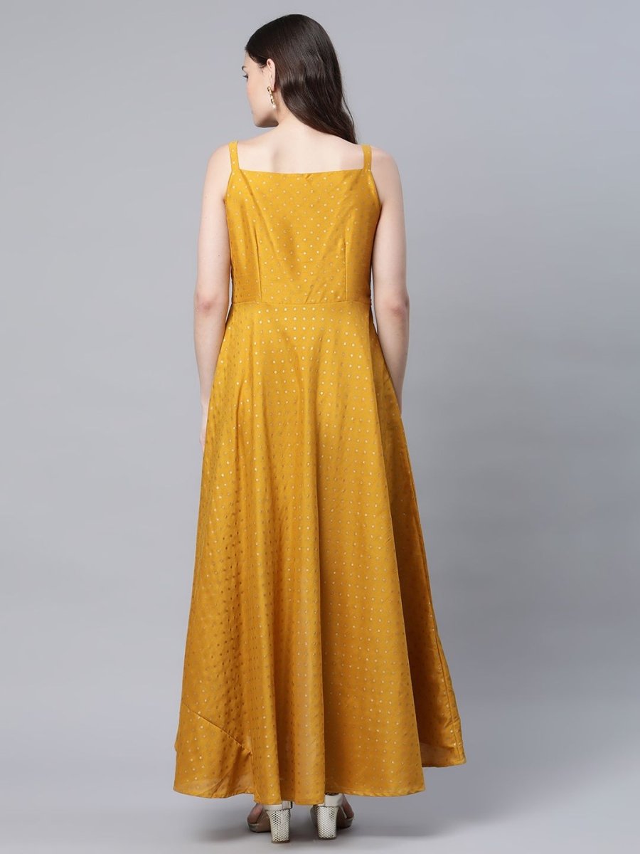 Ahalyaa Women Mustard Poly Silk Gold-Toned Printed Kurta With Trousers