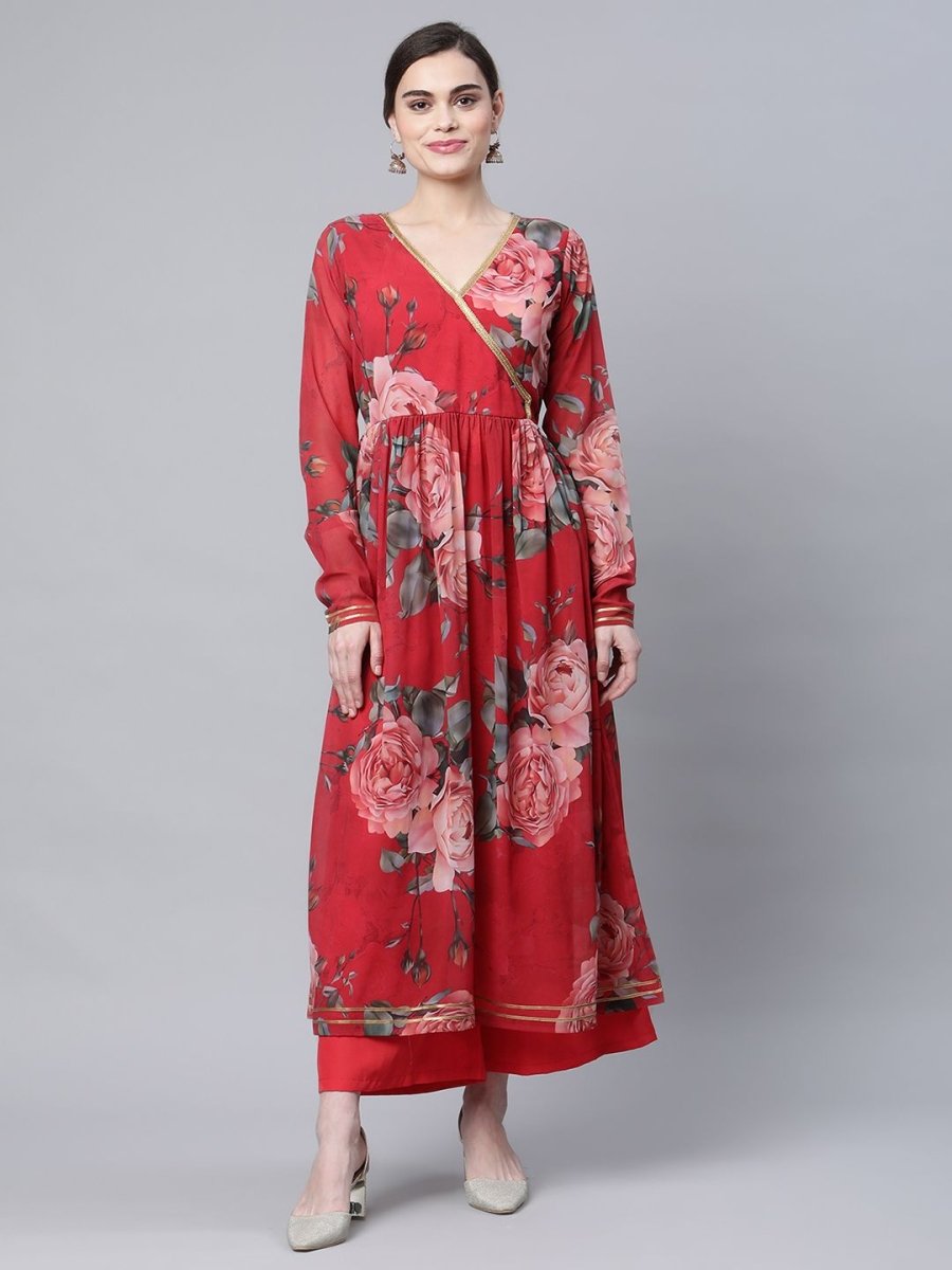 Ahalyaa Women Red Georgette Digital Floral Printed Kurta Palazzo Set