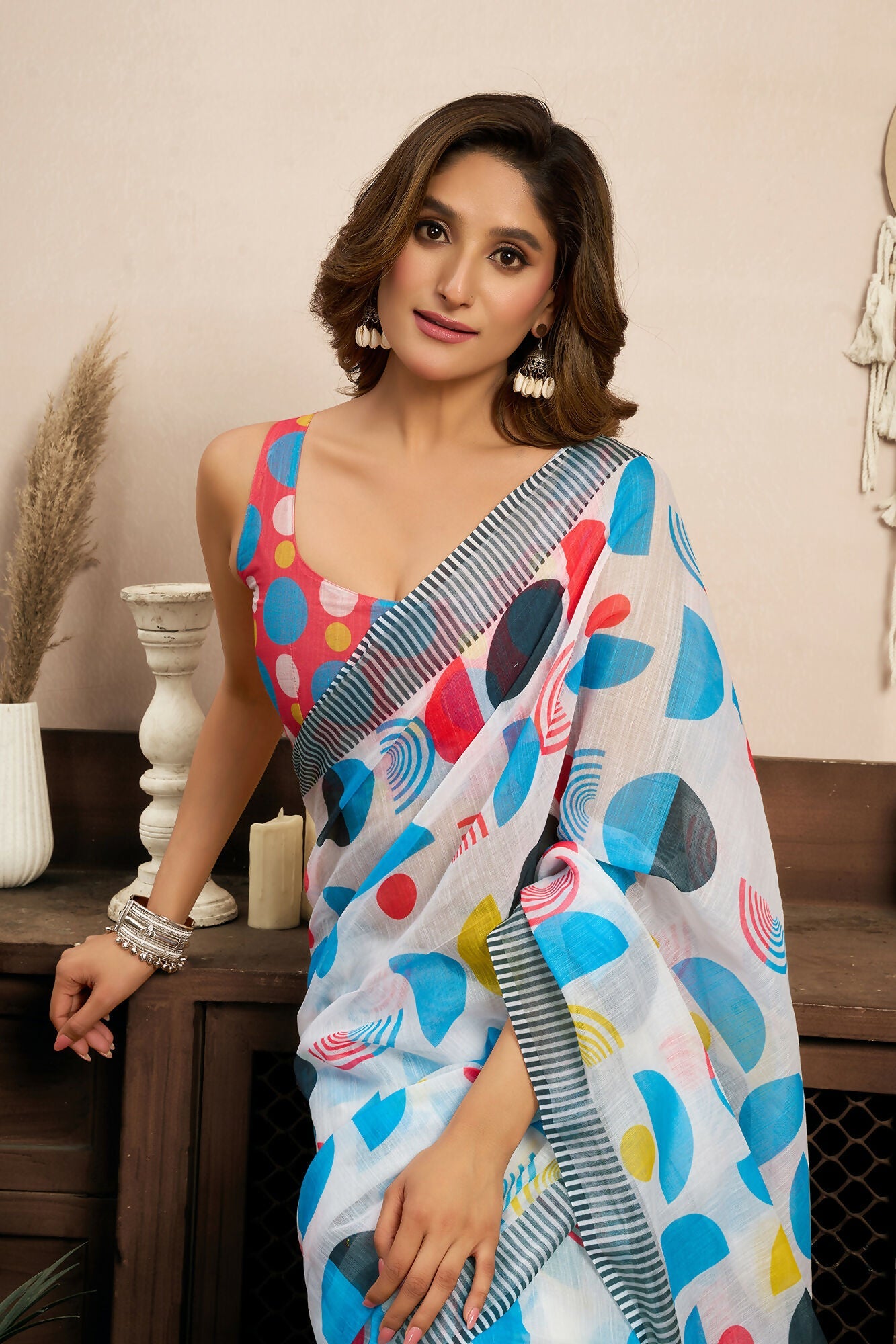 Vastranavya Multicolor Digital Printed Linen Ready To Wear Designer Saree with Unstitched Blouse