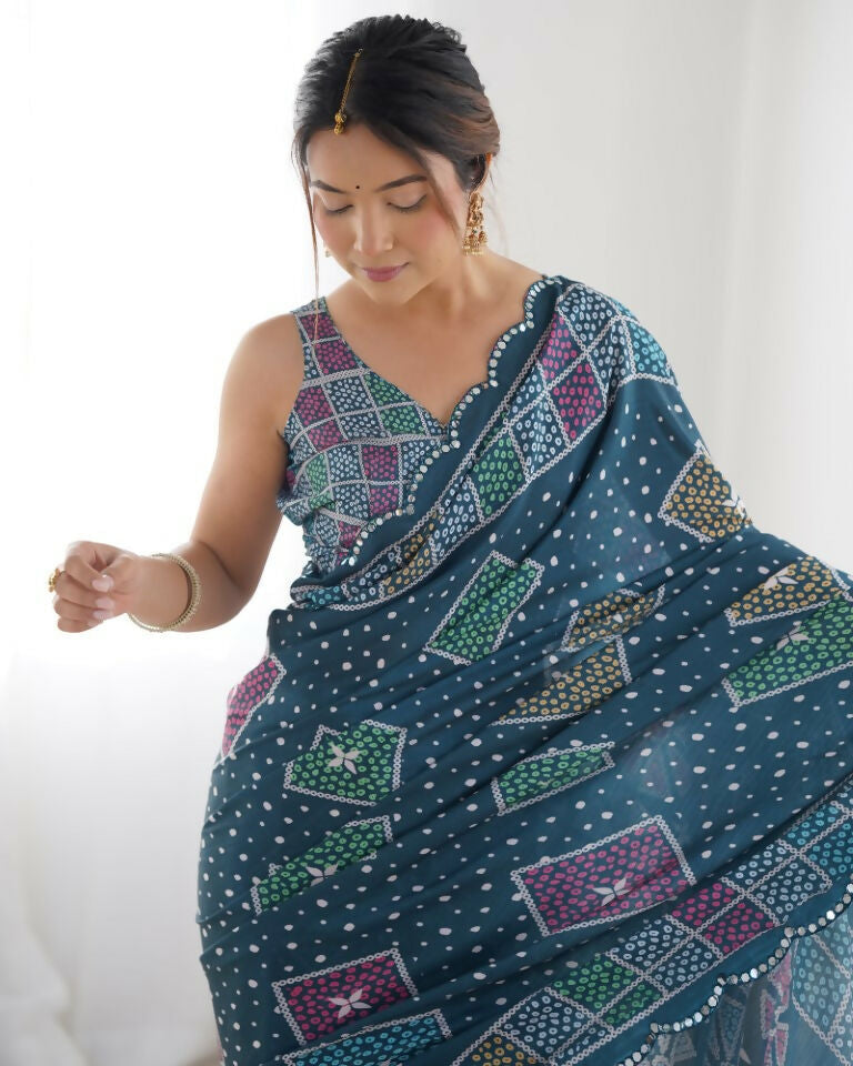 Green Chinon Designer Digital Printed & Mirror Cut Work Saree - Kriti