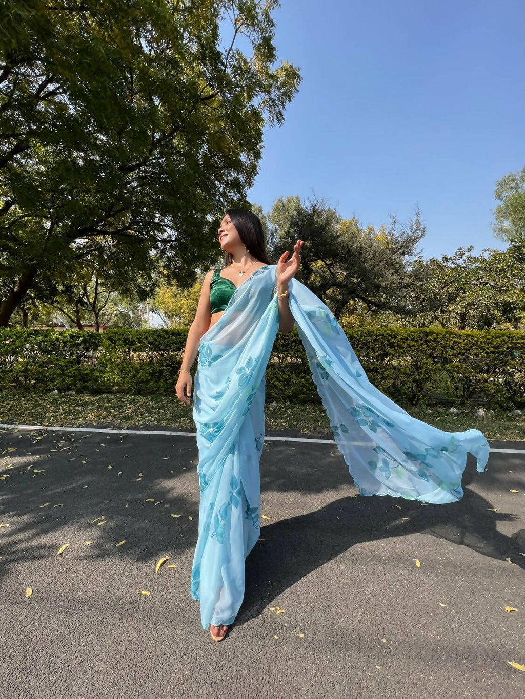Vamsee Sky Blue Chiffon Designer Saree