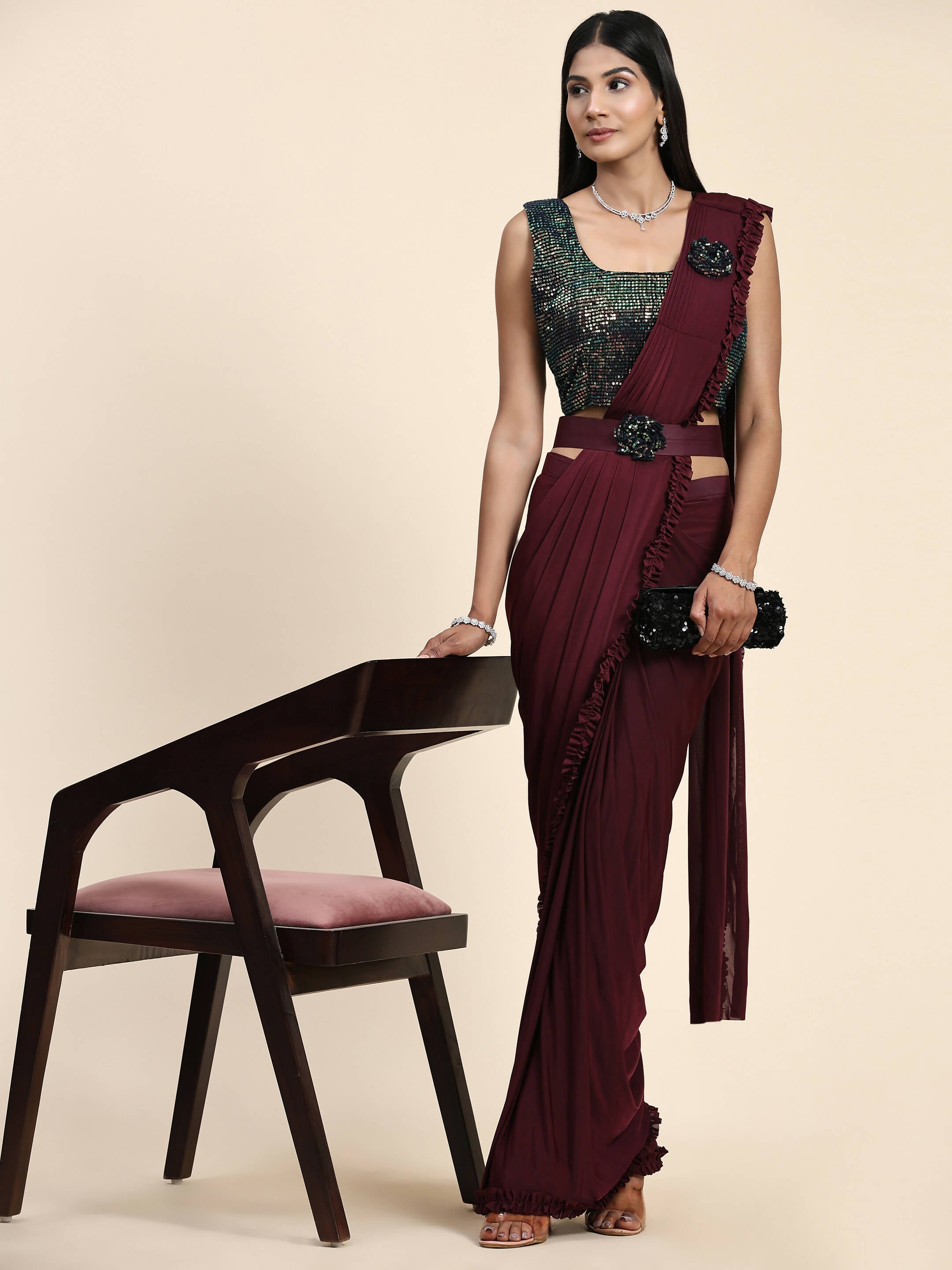 Maroon Imported Fabric Plain Ready to wear Saree with stitched Blouse - Vrinda
