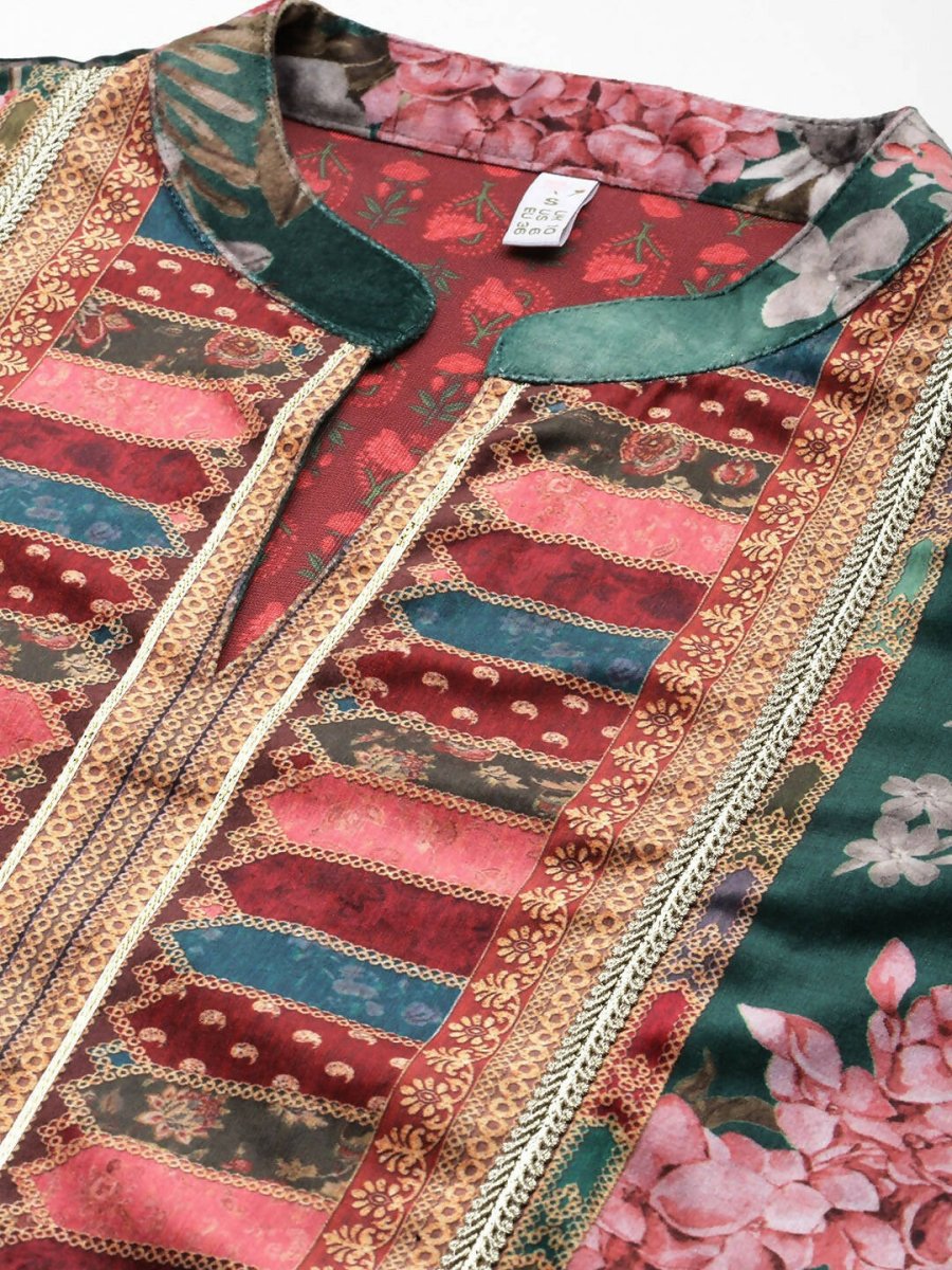 Ahalyaa Women Floral Printed Gotta Patti Velvet Kurta - Green Color