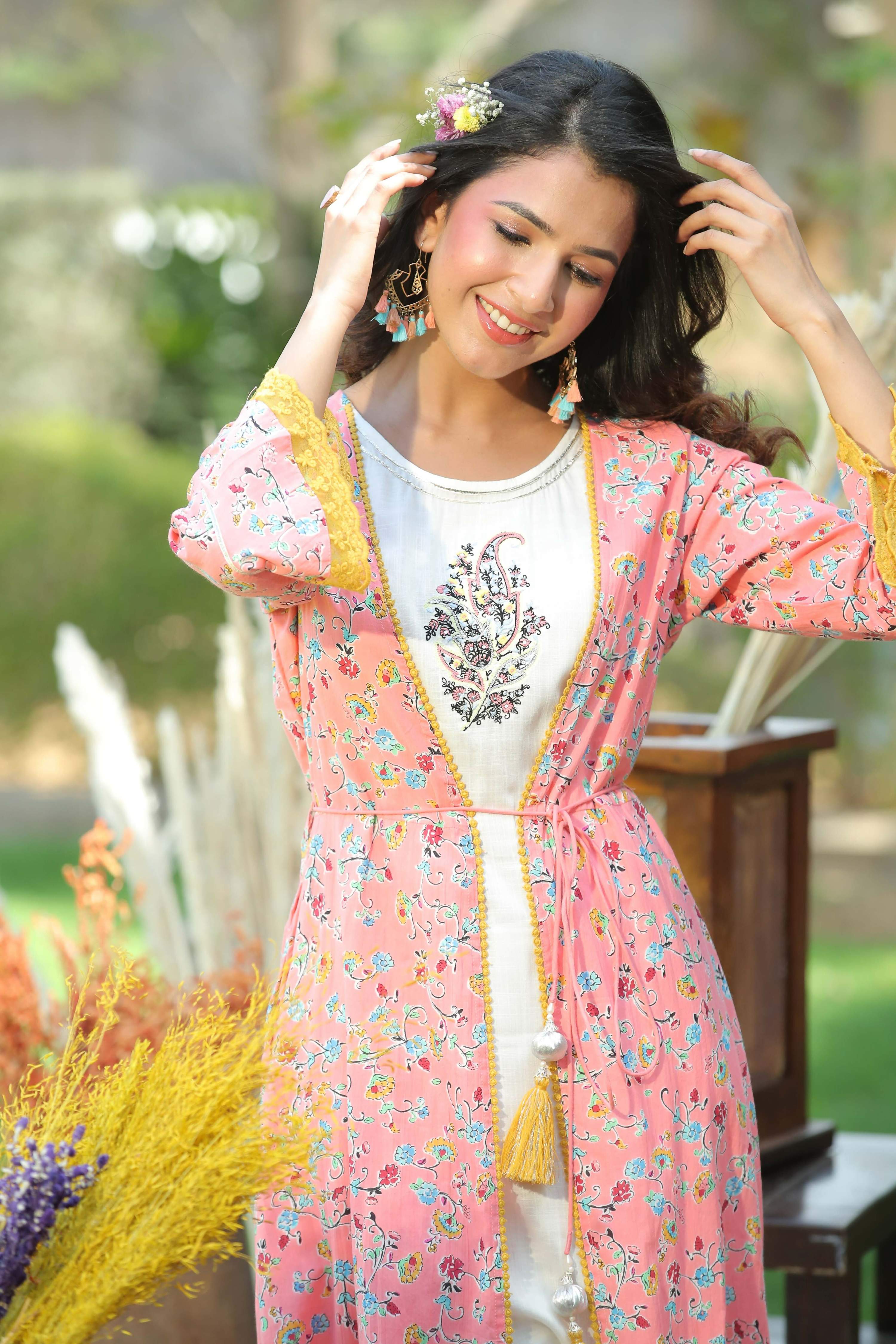 Juniper Coral Floral Printed Cotton Lacy Jacket Style Kurta With Thread Work & Dori At Waist
