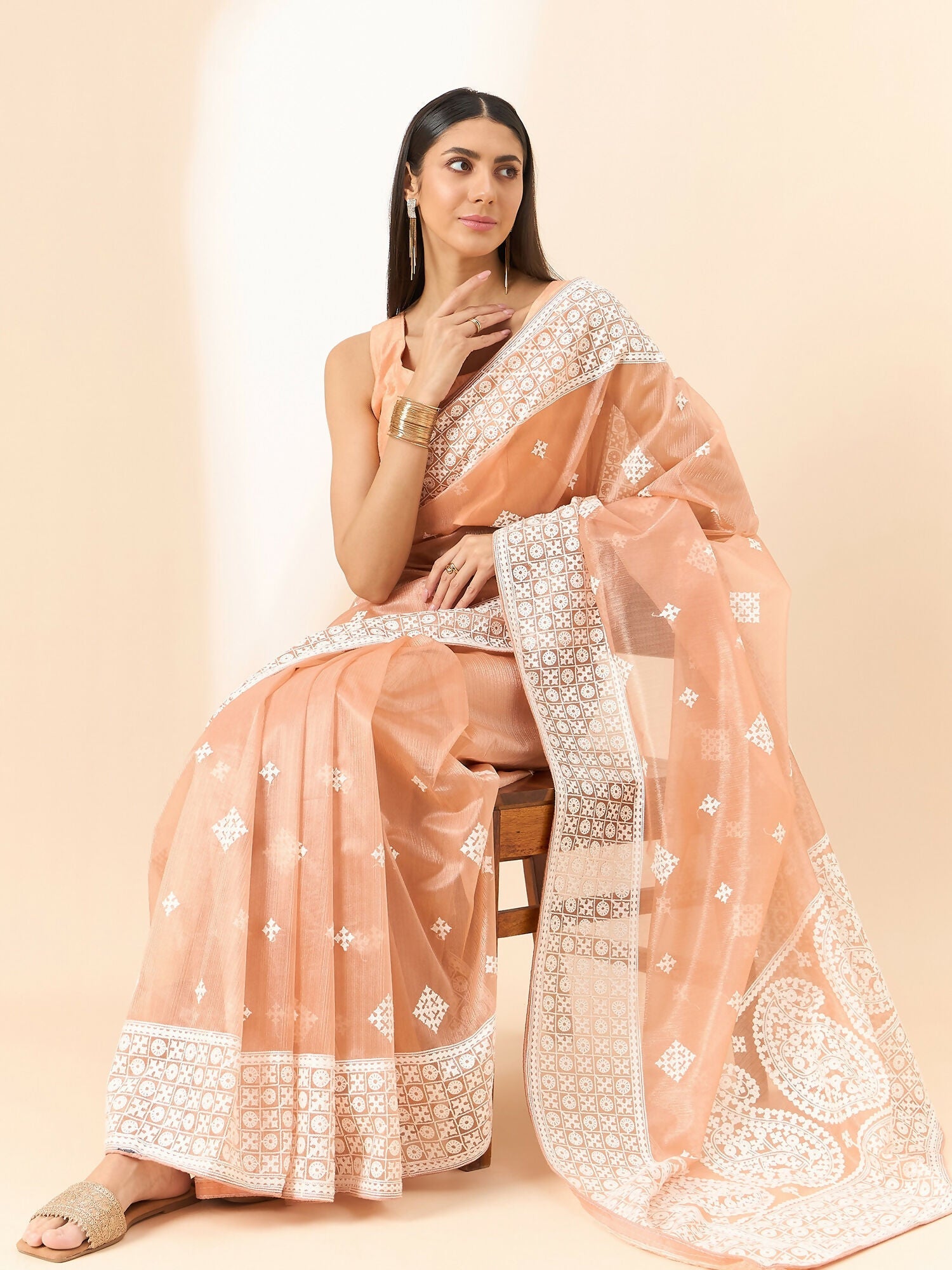 Peach Organza Geometric Embroidered Saree with Unstitched Blouse Piece - Roozal